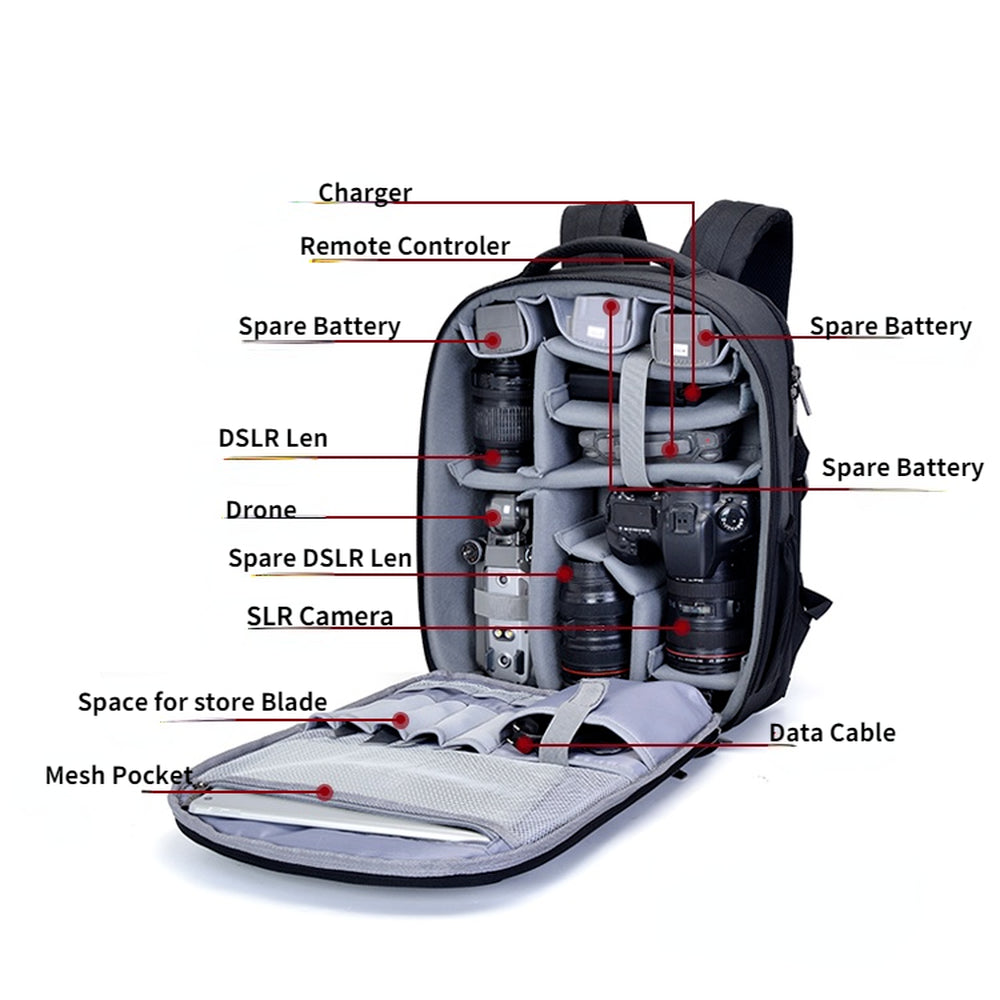CADEN W9 Black Anti-shock Large Capacity Drone SLR Backpack