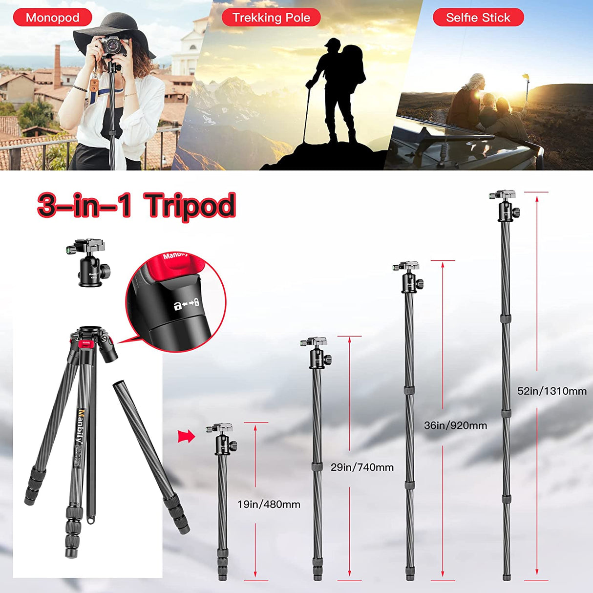 Manbily YS-254C Professional Carbon Fiber Tripod Stand