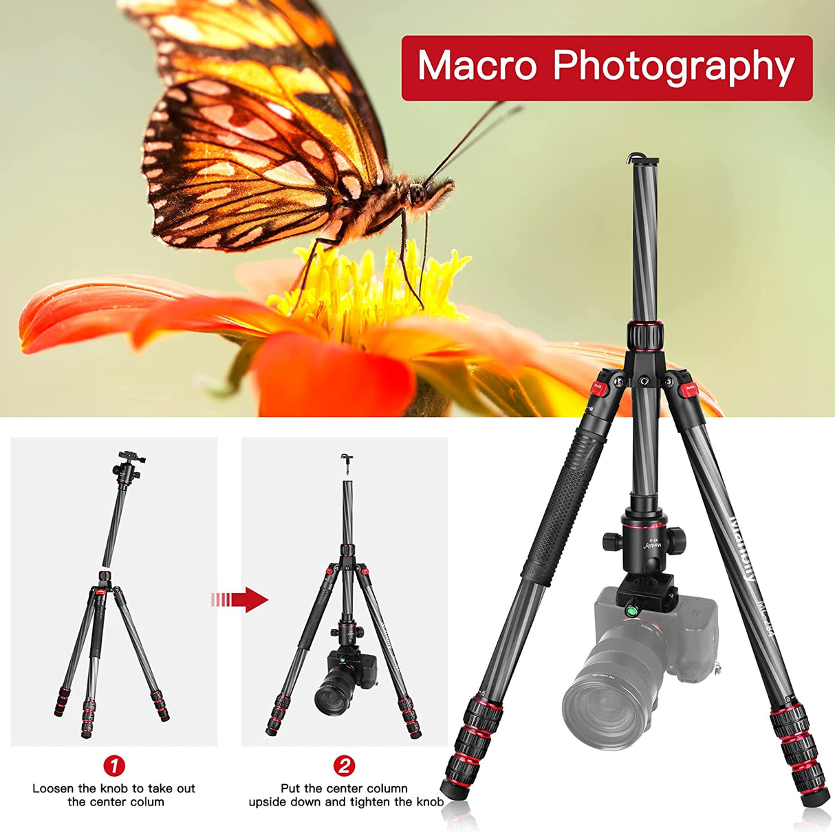 Manbily MC-284 68" Carbon Fiber Camera Tripod With 360° Ball Head