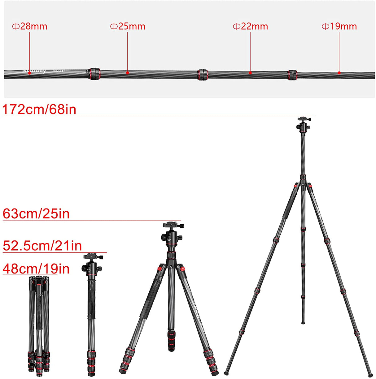 Manbily MC-284 68" Carbon Fiber Camera Tripod With 360° Ball Head