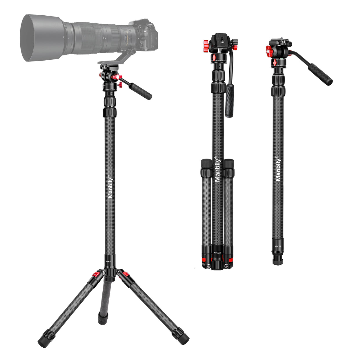 Manbily MPK-323 Professional video photo camera monopod stand with Fluid Video head