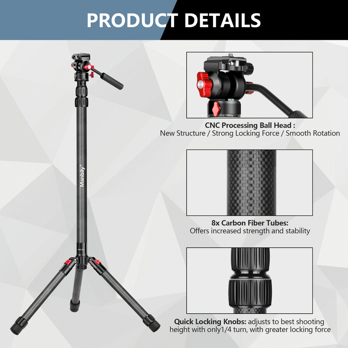 Manbily MPK-323 Professional video photo camera monopod stand with Fluid Video head