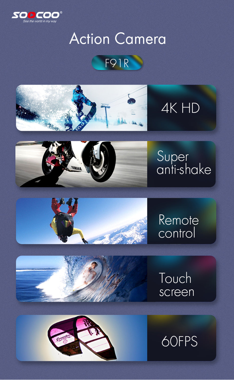 SOOCOO F91R Action Camera Ultra HD 4K 60fps WIFI Touch Screen Go Underwater Waterproof Bike Helmet Video Sport Cam