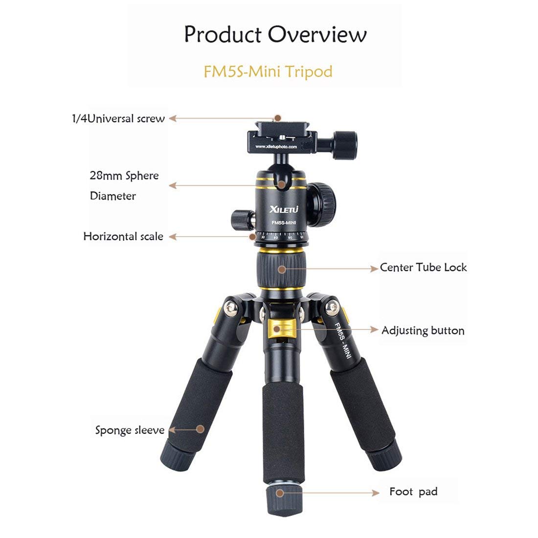XILETU FM5S-Mini Tabletop Tripod For DSLR Mirrorless Camera