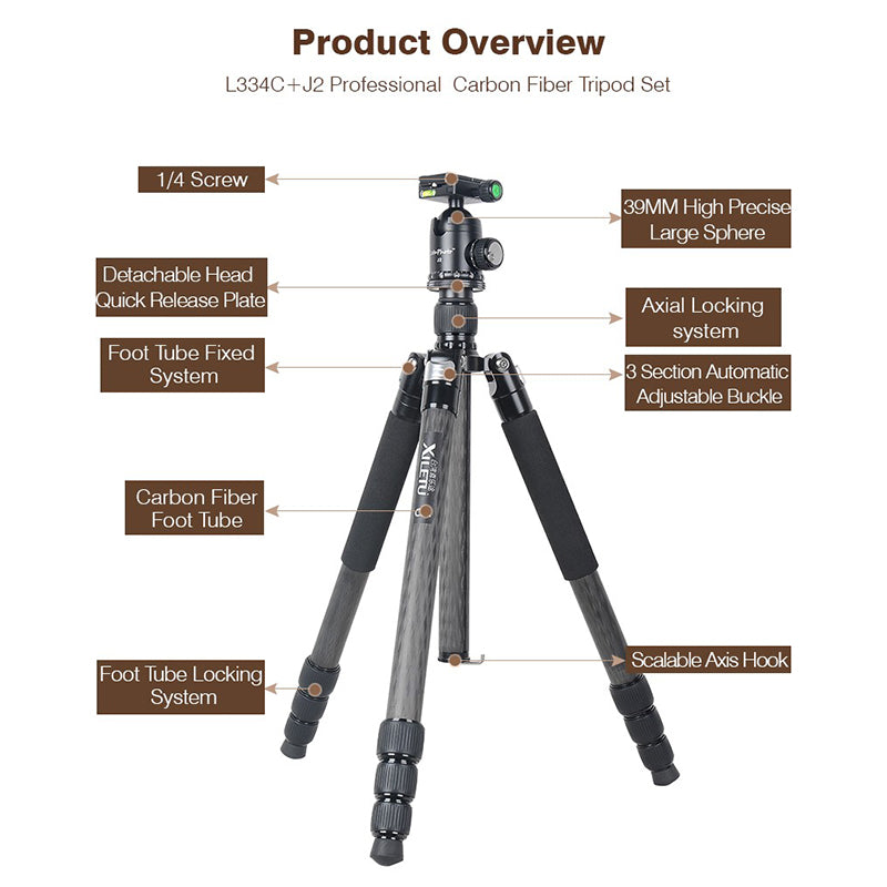 XILETU L334C+J2 Heavy Duty Professional Carbon Fiber Camera Tripod