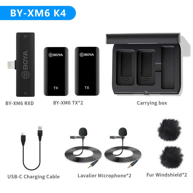 BOYA BY-XM6-K3 K4 Wireless Lavalier Microphone for Apple iOS devices with lightning ports.