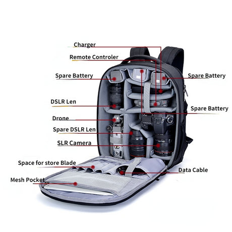 CADEN W9 Black Anti-shock Large Capacity Drone SLR Backpack