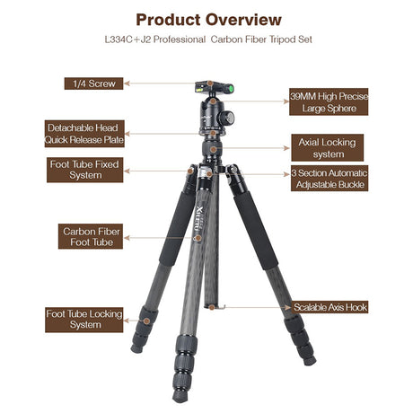 XILETU L334C+J2 Heavy Duty Professional Carbon Fiber Camera Tripod
